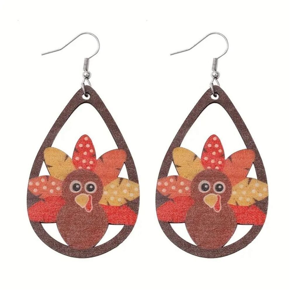 Thanksgiving Turkey Earrings Hollow Water Drop Dangle Wooden Jewelry Female Gift - Picture 5 of 8